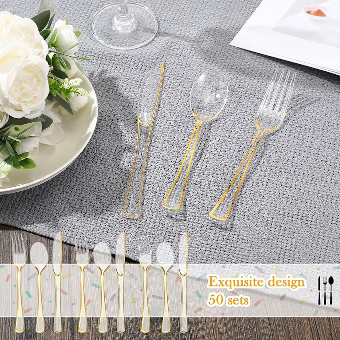Minatee 150 Pcs Gold Plastic Silverware, Clear Disposable Cutlery Set Heavy Duty Utensil Sets 50 Forks 50 Knives 50 Spoons for Birthday Party Home Office School Picnics Restaurant Outdoor Events