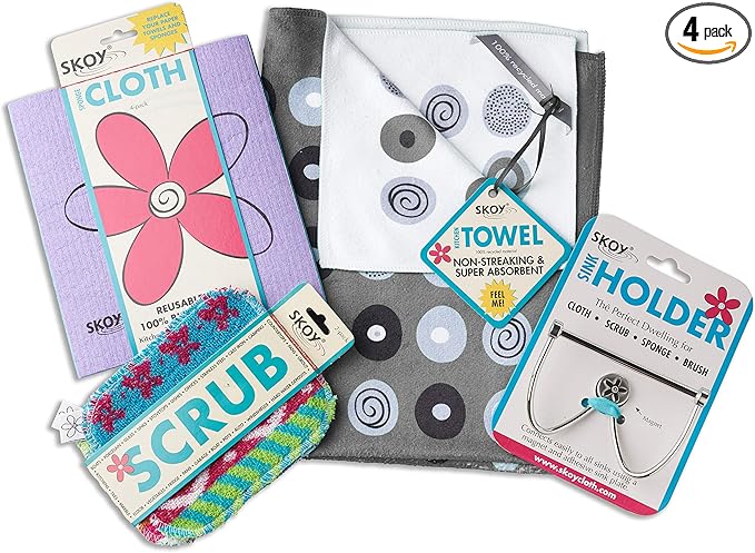 Skoy Cleaning Bundle - Cloth, Scrub, Gray Towel and Sink Holder – Environmentally Friendly, Kitchen & Household Use, Plastic-Free Packaging, Great Gift Idea!