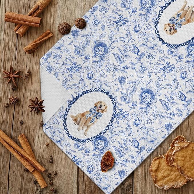 Chinoiserie Golden Retriever Gifts Kitchen Towels, Blue and White Floral Golden Retriever Decorative Dish Towels, Grandmillennial Botanical Dog Hand Towels for Kitchen Bathroom, 16x24 Inch