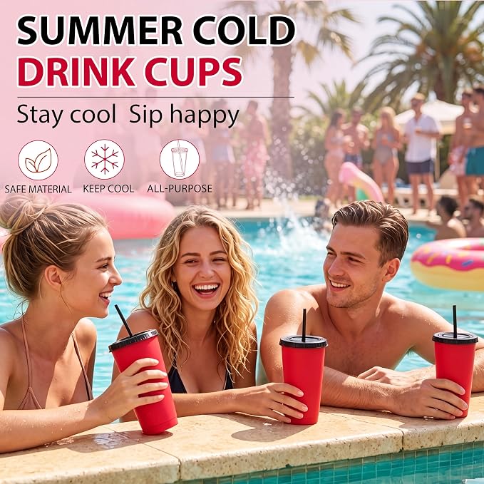Honeydak 30 Pack Tumbler with Straw and Lid Bulk Cups for Gifts Water Bottle Iced Coffee Travel Mug Cup Reusable Plastic Tumblers for Party Birthdays 24-27 oz (Red and Black)