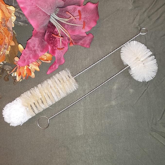 Bottle Brushes Thin Long Handle X 2, Skinny Wire Cleaner Set in Stainless Steel with Natural Boar Bristle at Wool Tip, Bendable Flexible for Cleaning Narrow Neck Bottles, Pipe, Tube, Hose