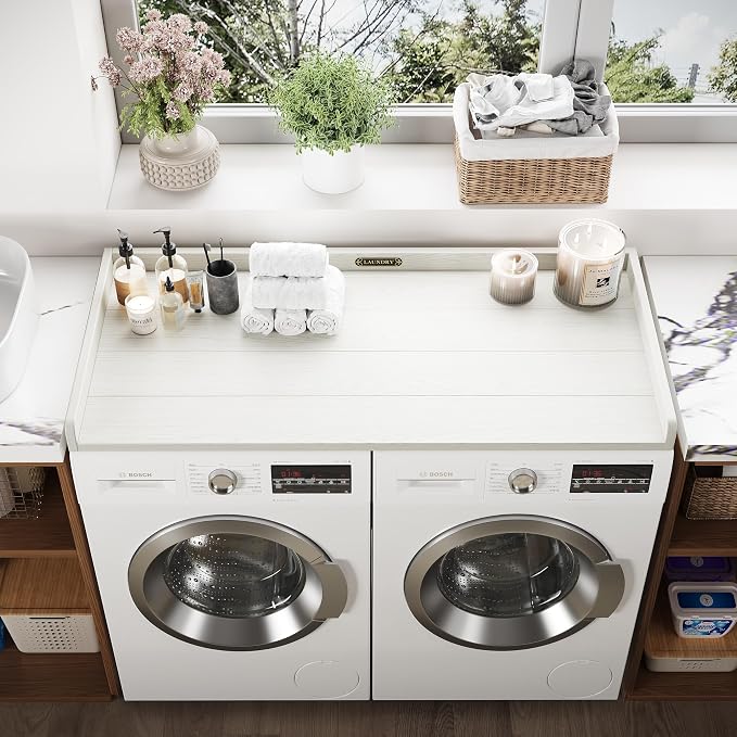 No-Installation HDPE Washer Dryer Countertop, Washer and Dryer Topper Covers for The Top, Laundry Countertop Laundry Room Organization No Water Leakage White