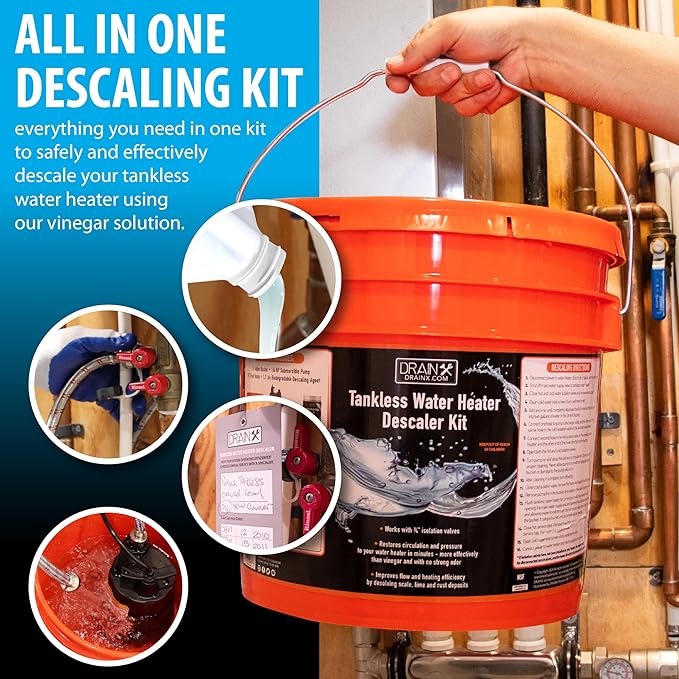 DrainX Tankless Water Heater Flushing Kit with Gallon Concentrated Vinegar, Dilutes to 4 Gallons, Heavy Duty 1/6HP Extra Strength Pump and Hoses.