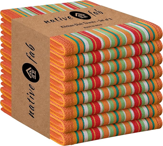 Native Fab Mexican Salsa Stripe Dish Towels, 8 Pack, 18x28, Super Absorbent, 100% Cotton Kitchen Towels for Drying, Reusable and Durable Washable Towels for Everyday Cooking and Cleaning, Orange