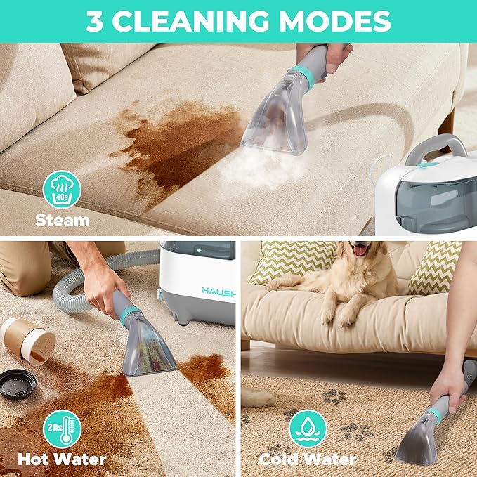 HAUSHOF Steam Portable Carpet and Upholstery Cleaner Machine, Instant Heating Portable Carpet Cleaner with Steam&HotWater&Cold Water System, Steam Cleaner for Carpets, Cars, Furniture, Couch