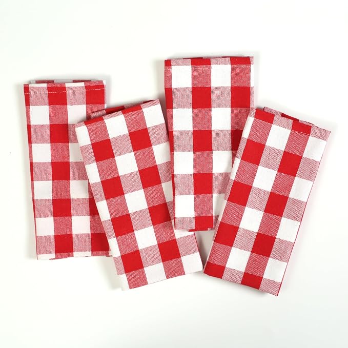 4 Pack Gingham Buffalo Check Kitchen Dish Towels 100% Cotton 16x26 Inches - Super Absorbent Quick Drying Hand Tea Towels, Restaurant Cleaning Towels with Hanging Loop, Red White