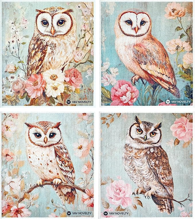 Swedish Dishcloths - 12 Pack | Made in Germany | Ultra-Absorbent, Reusable Cellulose Sponge Cloths for Kitchen | No-Odor, Eco-Friendly Cleaning Wipes | Water-Based Ink | Vintage Owl