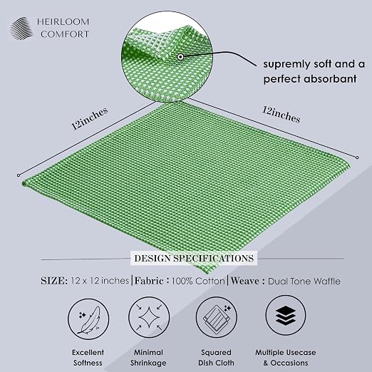 12 Pack Dual Tone Waffle Weave Dish Cloth, 12x12 Inches, 100% Cotton Dishcloth Set, Super Absorbent, Quick Drying, Soft Hand Towels for Cleaning, Washing, Durable, Mint Green