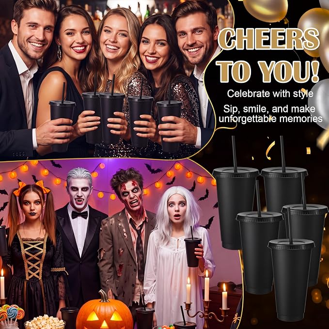 Honeydak 150 Pack Tumbler with Straw and Lid Bulk Cups for Gifts Water Bottle Iced Coffee Travel Mug Cup Reusable Plastic Tumblers for Party Birthdays 24-27 oz (Black Color)