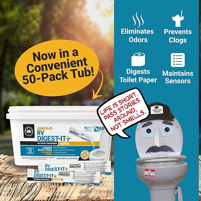 Unique RV Digest-It Ultra Stick Pack, 50 Count, Extra-Strength RV Toilet Treatment, No-Mess, Pre-Measured, Grab-n-Go Bio-Enzymatic Black Tank Treatment, Eliminates Odor and Prevents Clogs