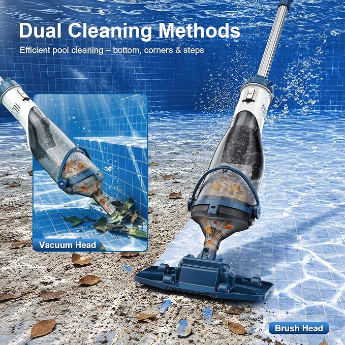 COWSAR Pool Vacuum for Above Ground Pool, VortexForce™ Technology 18.5GPM Strong Suction, 60 Min Runtime Cordless Pool Vacuum with 13.4" Wide Head & 59” Telescopic Pole for Pools/Spas/Hot Tubs, Blue
