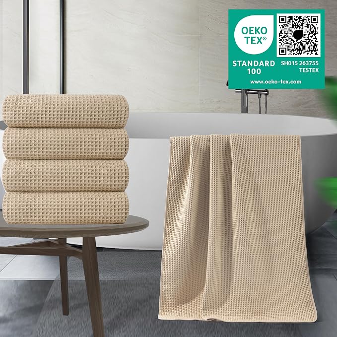 POLYTE 430 GSM Microfiber Oversize Quick Dry Lint Free Bath Towel, 60 x 30 in, 4 Pack (Waffle Weave)