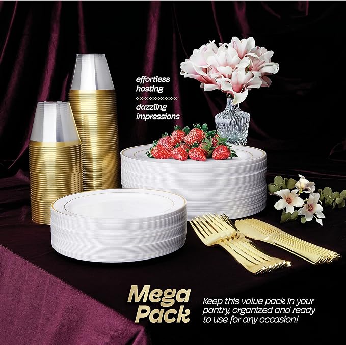 R-kay 100 Pack Gold Plastic Cups For Party - Plastic Cups 9 oz - Party Cups Disposable - Premium Heavy Duty Gold Cups - Disposable Wine Glasses For Wedding - Plastic Wine Glasses/Disposable Cups