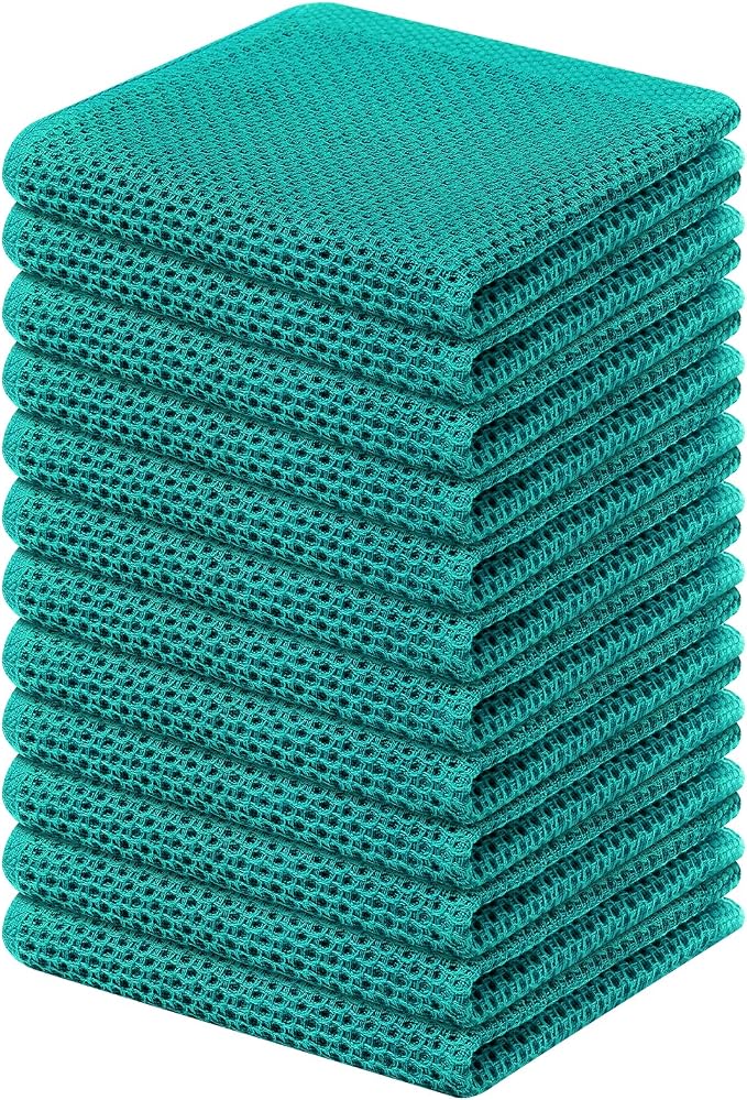 Kitinjoy 100% Cotton Kitchen Dish Cloths (12 X 12 Inches, Teal), 12 Pack Waffle Weave Ultra Soft Absorbent Dish Towels for Drying Dishes Quick Drying Kitchen Towels Dish Rags