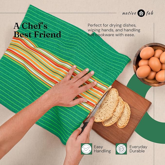 Native Fab Mexican Salsa Stripe Kitchen Towels, 8 Pack, 18x28 Inches, 100% Cotton, Soft, Super Absorbent Dish Towels for Drying Dishes, Everyday Kitchen Use, Reusable, Washable, Green