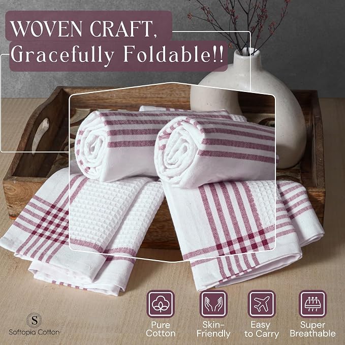 Waffle White & Burgundy Wine Dish Towels Set of 4, 100% Cotton, 16x26 inches, Reusable Cleaning Cloths for Drying Dishes, Quick Dry Kitchen Towel, Durable for Heavy-Duty Use