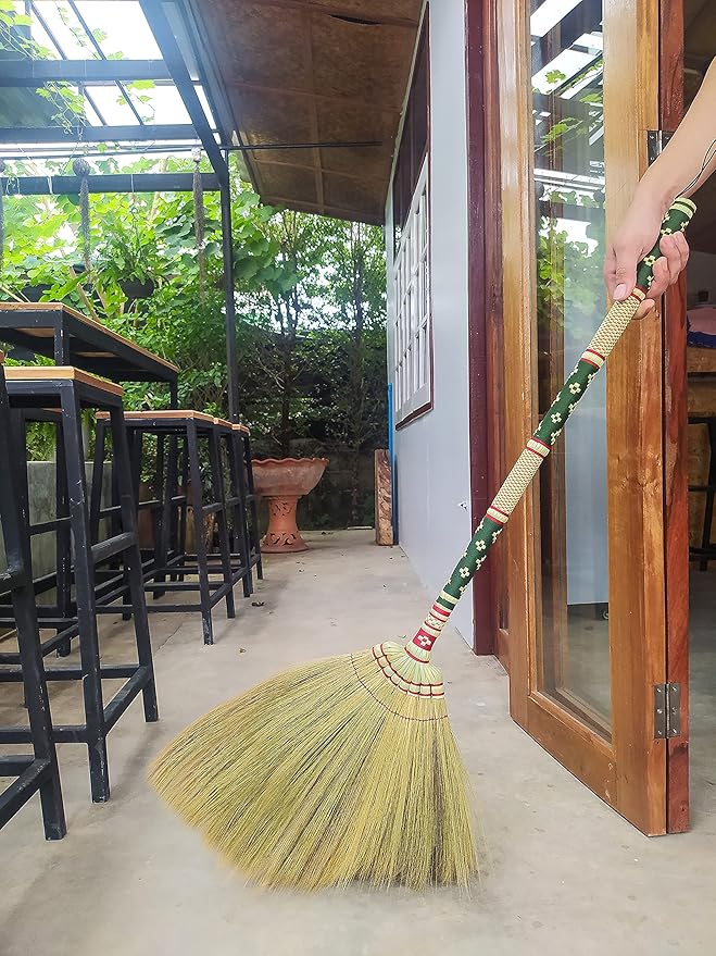 Thai Vintage Retro Grass Broom Stick, Asian Straw for Wedding Jumping, Witch, House, Long With Solid Wood Handle - Primitive Sweeping Dirt Dust Garbage