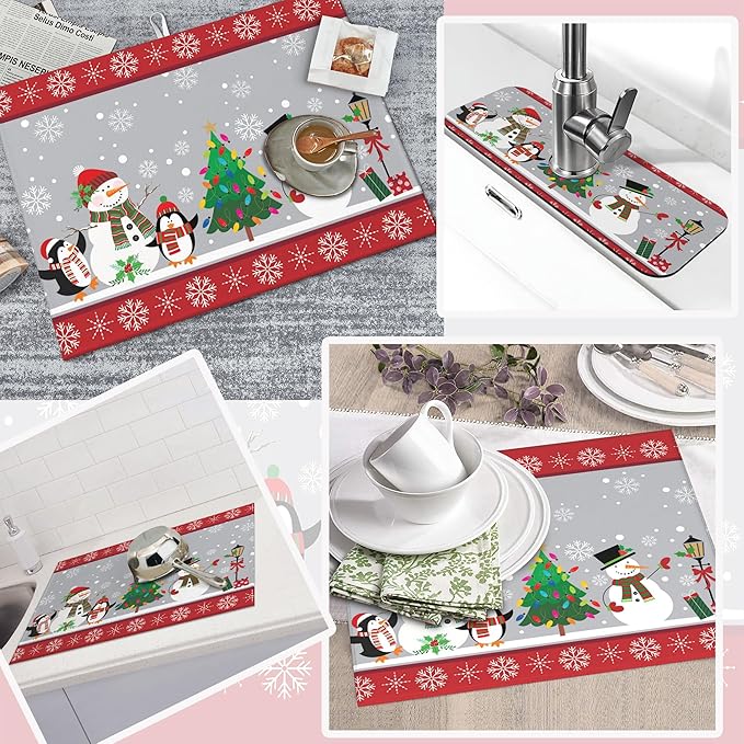 3Pcs Christmas Snowman Dish Drying Mat & Kitchen Sink Splash Guard Faucet Mat For Kitchen Counter Absorbent Microfiber Dishes Pad Dish Drainer Rack Mats Fast Dry Kitchen Accessories