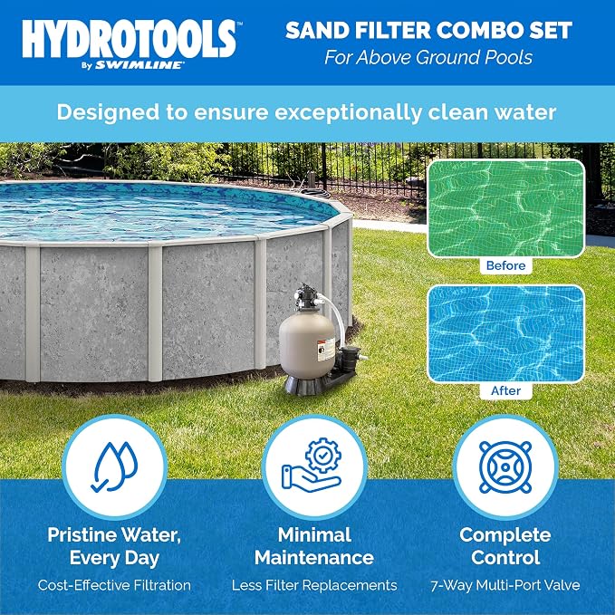 Swimline HYDROTOOLS BY SWIMLINE 19 Inch Sand Filter Combo Set With Stand & Multi Port Valve | 175 Pound Sand Capacity