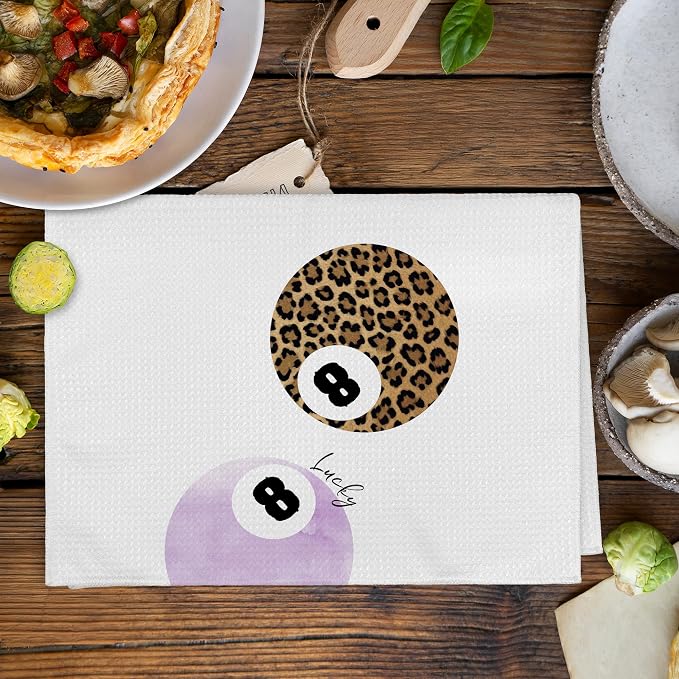 Trendy Leopard Cheetah Print Poker Lucky 8 Ball Bathroom Decor, Preppy Purple Leopard Dorm Decor Dish Hand Towels for Bathroom Kitchen Sets of 2, Cheetah Kitchen Towels and Dishcloths,16x24in