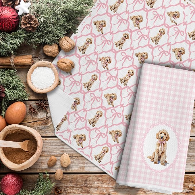 Coquette Pink Bow Goldendoodle Dog Kitchen Hand Towels for Bathroom, Golden Doodle Gifts for Women, Coquette Pink Goldendoodle Dog Girly Bathroom Kitchen Decor, 16x24 Inches Set of 2