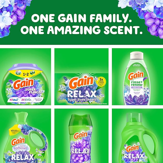 Gain Super Flings Laundry Detergent Pacs, 45 Count, Dewdrop Dream scent, clean and fresh washing detergent laundry soap pacs (Pack of 4)