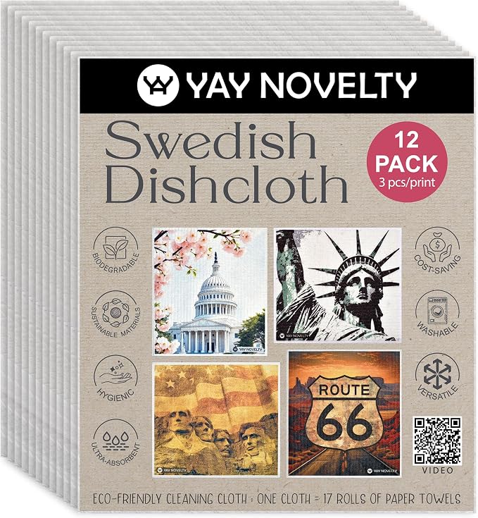 Swedish Dishcloths - 12 Pack | Made in Germany | Ultra-Absorbent, Reusable Cellulose Sponge Cloths for Kitchen | No-Odor, Eco-Friendly Cleaning Wipes | Water-Based Ink | America
