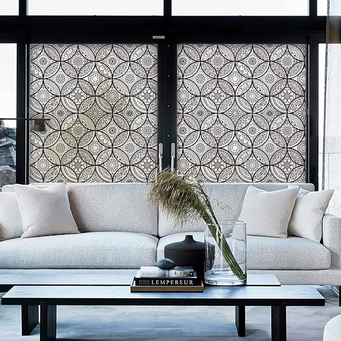 DKTIE Boho Stained Glass Look Window Privacy Film with Installation Tools, Decorative Frosted Glass Window Film Static Cling No Glue Removable, Pure Black, 35.4" x 78.7"
