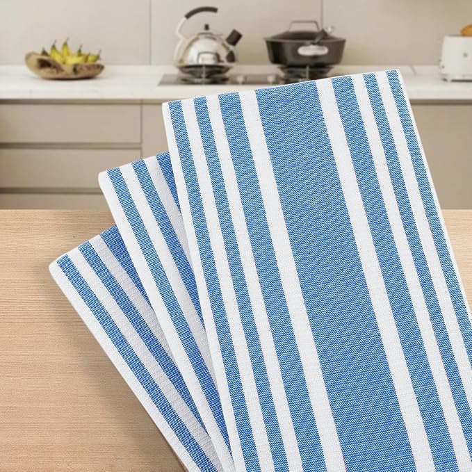 Homaxy Premium Kitchen Towels 18”x 28”, Large Cotton 380 GSM Kitchen Hand Towels, Stripe and Terry Dish Towel, Highly Absorbent Tea Towel Set with Hanging Loop, 6 Pack, Blueberry