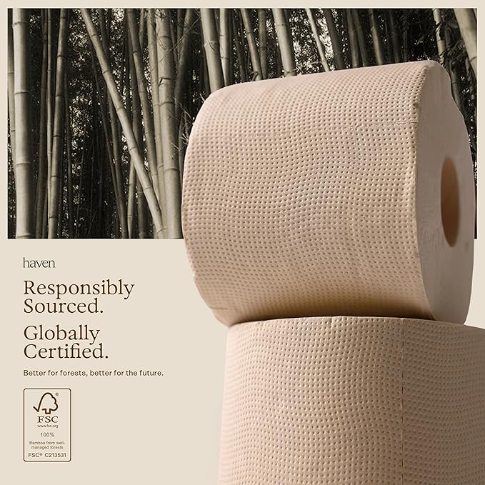 Haven Unbleached Bamboo Toilet Paper with Plastic Free Packaging, 3-Ply, 16 Rolls, 300 Sheets per Roll - FSC Certified, PFAS-Free, Tree Free Plant Based Toilet Paper, Non Toxic, Septic Safe, BPA-Free
