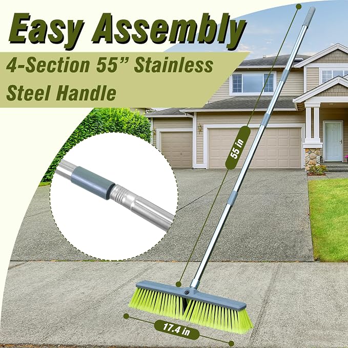 Upgraded 18" Push Broom with Adjustable Long Handle, Total Length is 55", Multi-Surface Floor Scrub Brush for Cleaning Deck, Patio, Garage, Driveway