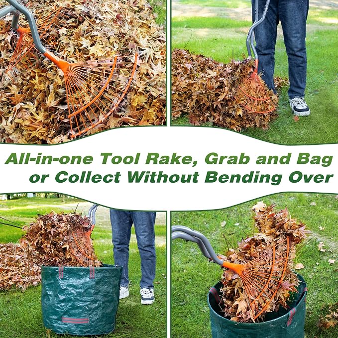 Leaf Grabber Rake with Long Handles, Leaf Collector Pickup Rake for Yard Cleanup, No Bending Garden Rake for Leaves, Grass Clippings, Pine Needles and Lawn Debris