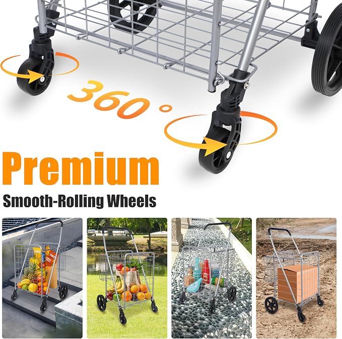 Whitmor Utility Folding Shopping Cart, 115L Heavy Duty Grocery Cart with Double Basket, 360° Swivel Wheels, Foldable Rolling Utility Trolley, 110 Lbs Capacity for Grocery, Laundry, Travel, Sliver