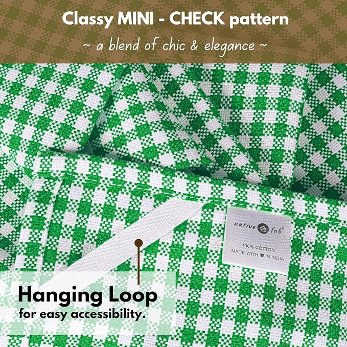 Native Fab Kitchen Dish Towels 16x26 inches Set of 4 Gingham Mini Check- 100% Cotton Dish Cloths for Washing Dishes, Absorbent Hand Towels with Hanger - Green White