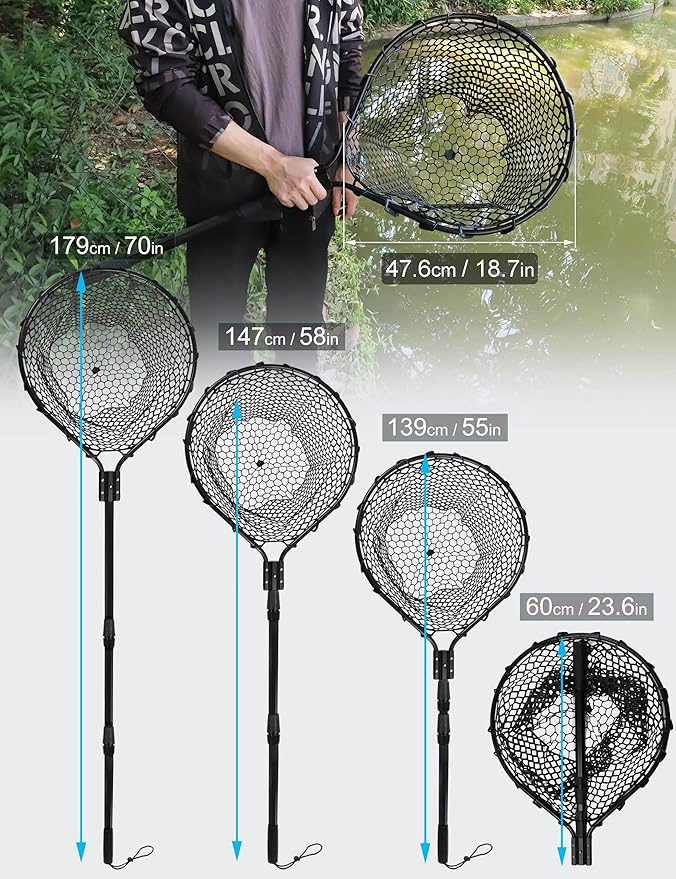 Hlotmeky Extra Long Fishing Net - 70" Telescoping Handle Large Rubber Landing Net for Kayak, Pier & Boat - Foldable Heavy Duty Saltwater Net - Catch & Release Snag-Free Mesh for Large Fish