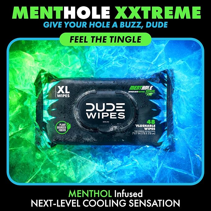 DUDE Wipes MentHOLE XXtreme Flushable Wipes - Menthol Infused Extra-Large Adult Wet Wipes - 1 Pack (48 Count), Travel Pack - Infused with Menthol for a Cooling Sensation - Septic and Sewer Safe