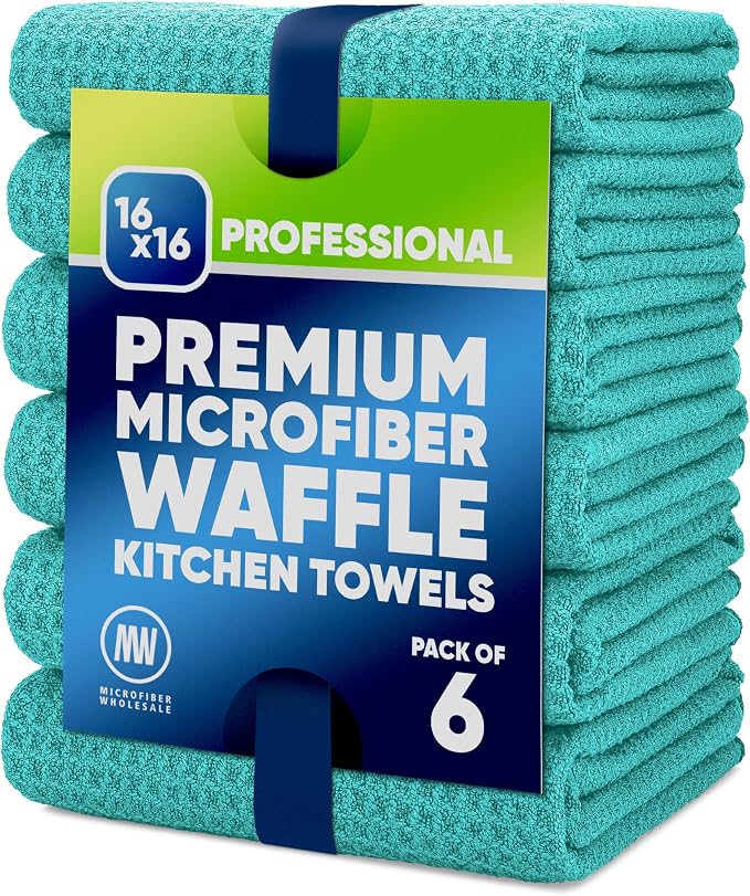 Kitchen Towels - Microfiber Waffle Weave Towels | Absorbent, No Lint, Thick, Reusable, Commercial, Soft, Hand, Tea, Glass, Bar, Sublimation Blank, Polyester Cloths (Green, 16 x 16 (6 Pack))