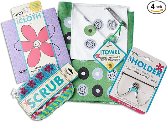 Skoy Cleaning Bundle - Cloth, Scrub, Green Towel and Sink Holder – Environmentally Friendly, Kitchen & Household Use, Plastic-Free Packaging, Great Gift Idea!