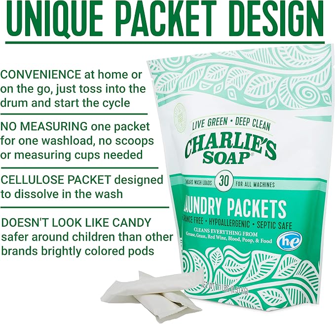 Charlie's Soap - Unscented Powdered Laundry Packets 30 Count (6 Pack 180 Total Loads)