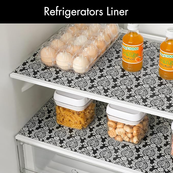 Cooyes Shelf and Drawer Liners for Kitchen Cabinets, Non-Adhesive Cabinet Liners, EVA Waterproof Durable Shelf Paper for Refrigerator, Shelves, Cupboard with European Pattern, Easy to Cut