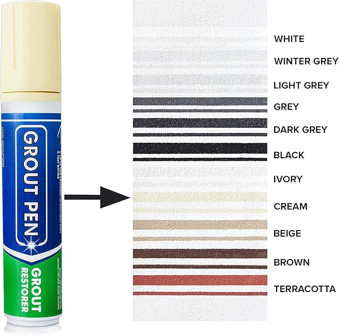 Grout Pen Tile Paint Marker: Waterproof Grout Colorant and Sealer Pen to Renew, Repair, and Refresh Tile Grout - Cleaner Coating Stain Pens - 2 Pack, 15mm Wide Cream and 5mm Narrow White Tip