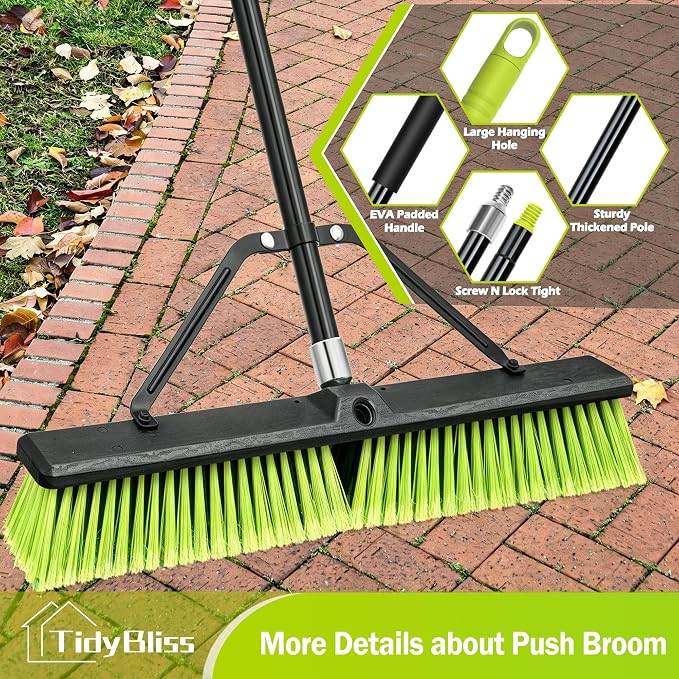 TidyBliss 2 Pack 24” Push Broom Outdoor Heavy Duty, Large Commercial Stiff Bristle Brush with 63 inches Long Handle for Garage Shop Garden Yard Patio Deck Street Warehouse Lawn Driveway (Yellow-Green)