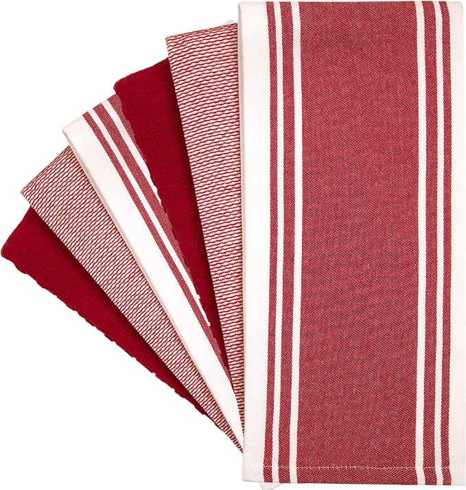 Premium Kitchen Towels (20”x 28”, 6 Pack) | Large Cotton Dish Towels | Flat & Terry Highly Absorbent Kitchen Linen Set with Hanging Loop | Wide Stripe Red