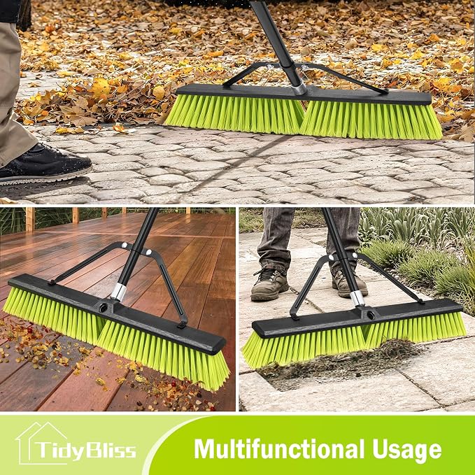 TidyBliss 24” Push Broom Outdoor Heavy Duty, Large Commercial Stiff Bristle Brush with 63 inches Long Handle for Garage Shop Garden Yard Patio Deck Street Warehouse Lawn Driveway (Yellow-Green)