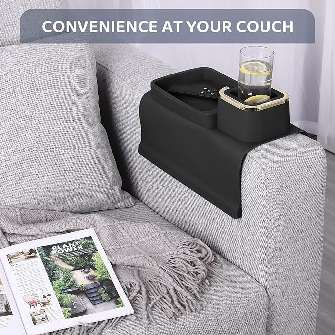 HMASYO Couch Cup Holder Tray - Silicone Sofa Armrest Table Couch Drink Holder and Tray Organizer for Remote Snacks Cellphone, Anti-Spill Anti-Slip Design, Gifts for Family Mom Dad Grandma