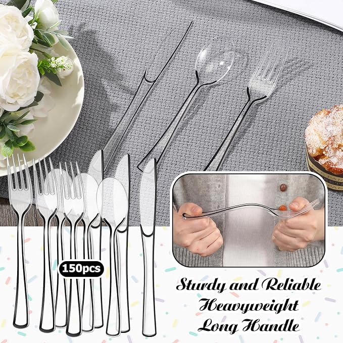 Minatee 150 Pcs Black Plastic Silverware, Clear Disposable Cutlery Set Heavy Duty Utensil Sets 50 Forks 50 Knives 50 Spoons for Birthday Party Home Office School Picnics Restaurant Outdoor Events