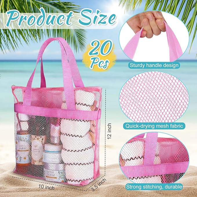 20 Pcs Mesh Shower Caddy Bags Portable Mesh Beach Bags Bulk with Zipper & 2 Pockets Hanging Toiletry and Bath Organizer for Gym Swimming Travel Camping College Dorms Beach (Macaron Color)