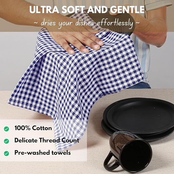 Native Fab 12 Pack Gingham Mini Check Kitchen Dish Towel Cotton Durable Washable 16"x26" - Tea Towels, Soft Absorbent Cleaning Towels, Hand Towel with Hanging Loop - Blue White