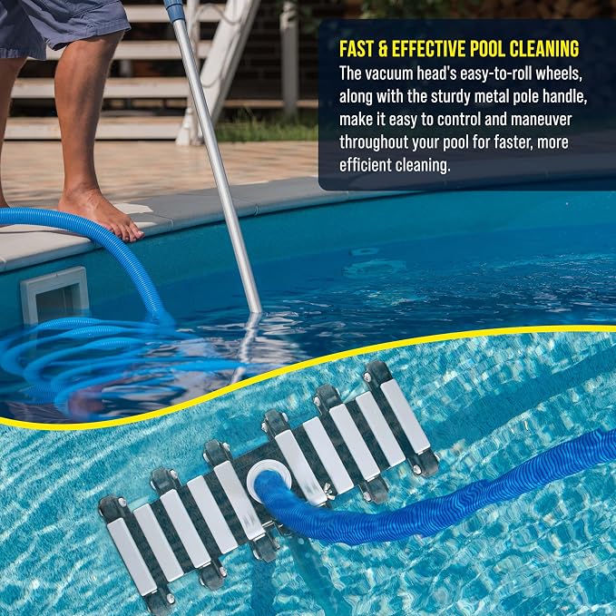 U.S. Pool Supply 19" Manual Pool Vacuum Head for Inground Pools, Flexible, Extra-Wide, Weighted - Heavy-Duty, 10 Weights, 7 Lbs, Connect 1.5" Hose, Swivel Direction-Control Metal Pole Handle, Cleaning