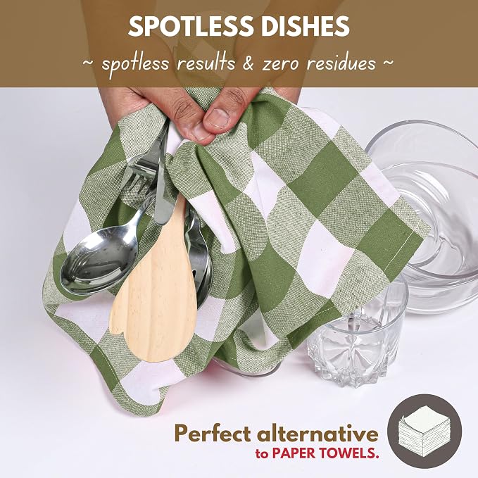 Native Fab Buffalo Check Kitchen Dish Towels, 16"x26", 4 Pack - 100% Cotton Plaid Washcloths - Absorbent Dish Cloths Set, Cleaning Hand Towels with Hanging Loop - Mint Green White